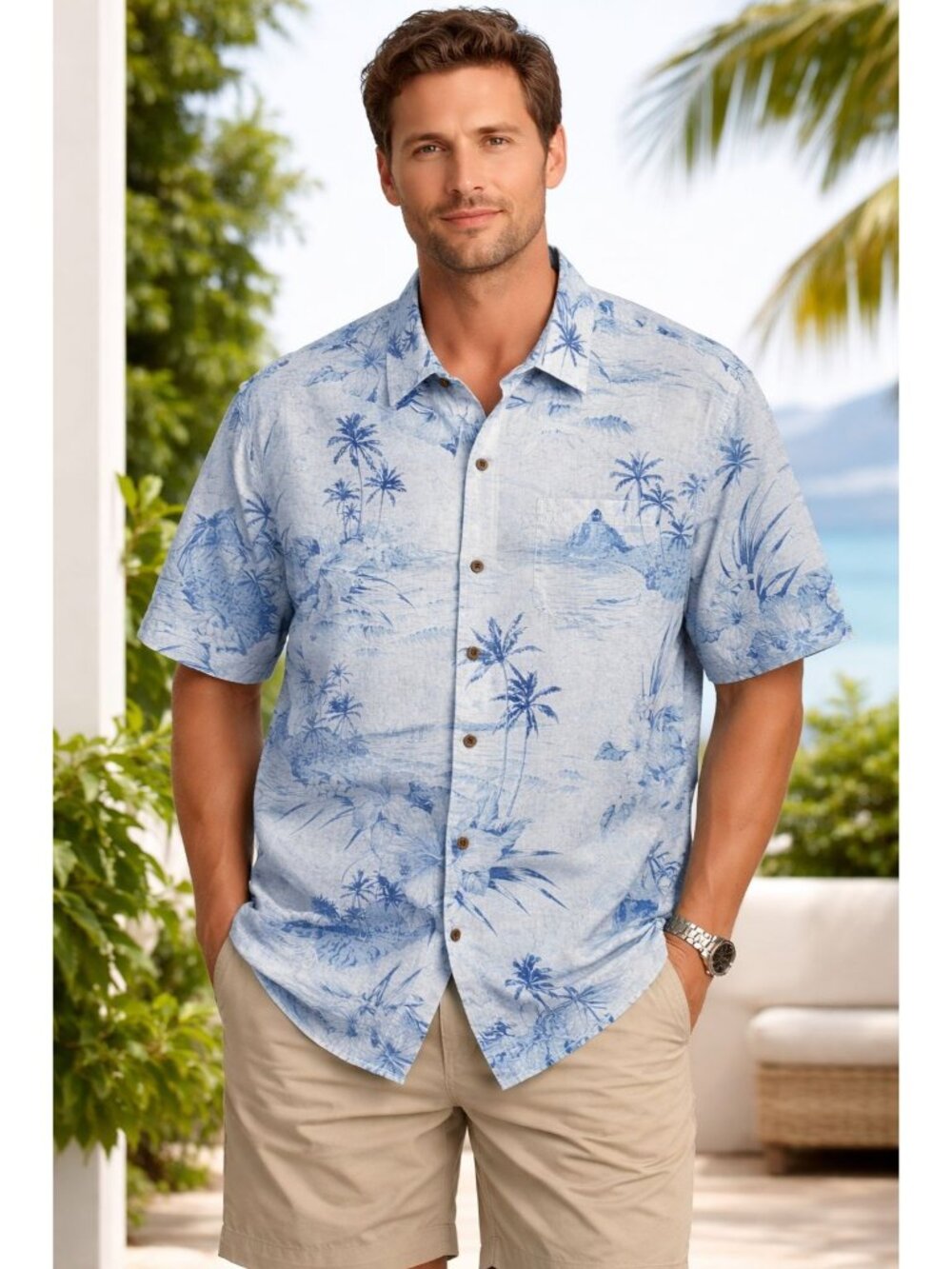Tommy Bahamas 100% Silk Tropical Blue Short Sleeve Button Down Top Size XL